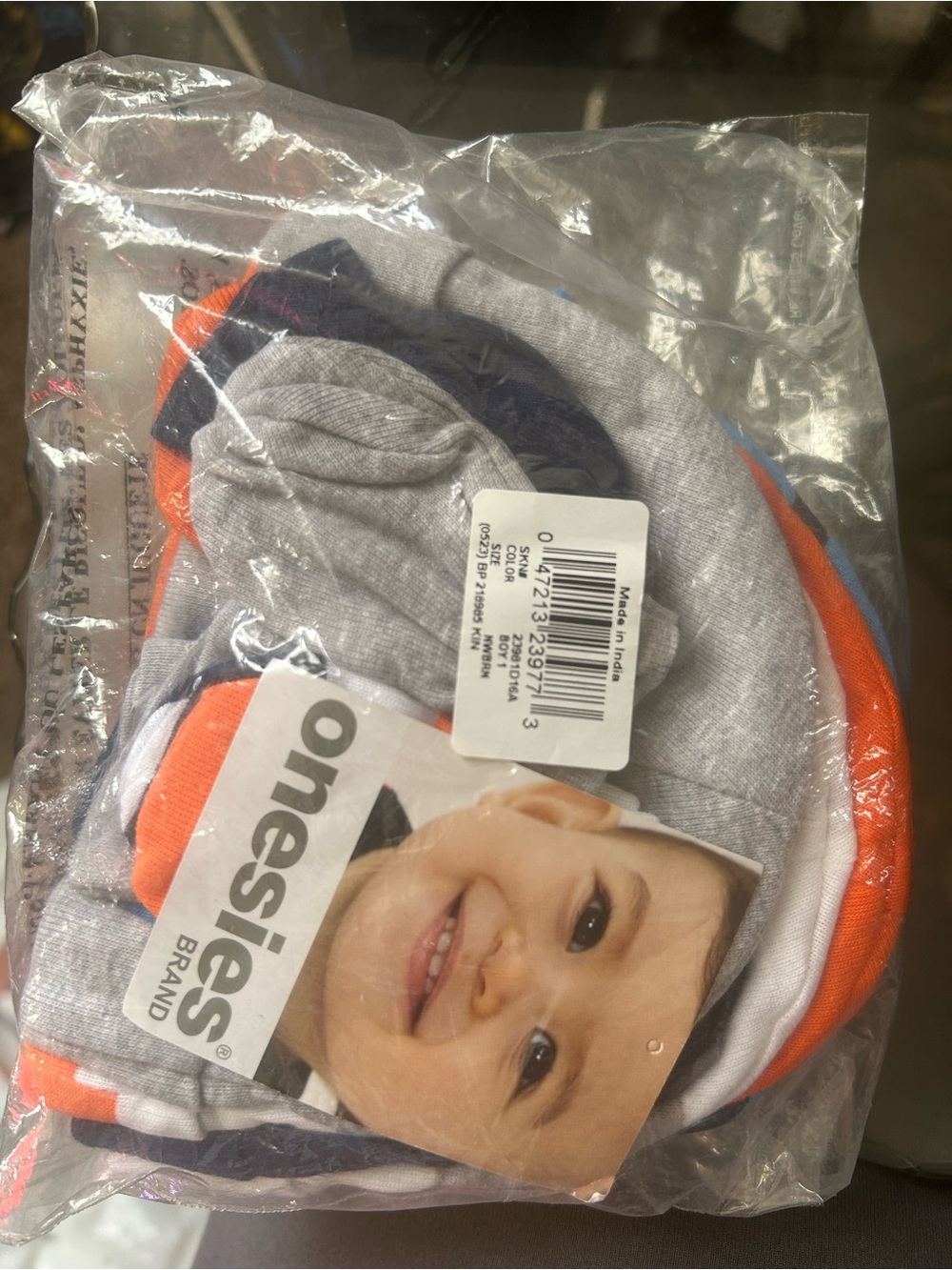 Onesies Baby Hat and Mitten Set in Gray, Orange, Navy